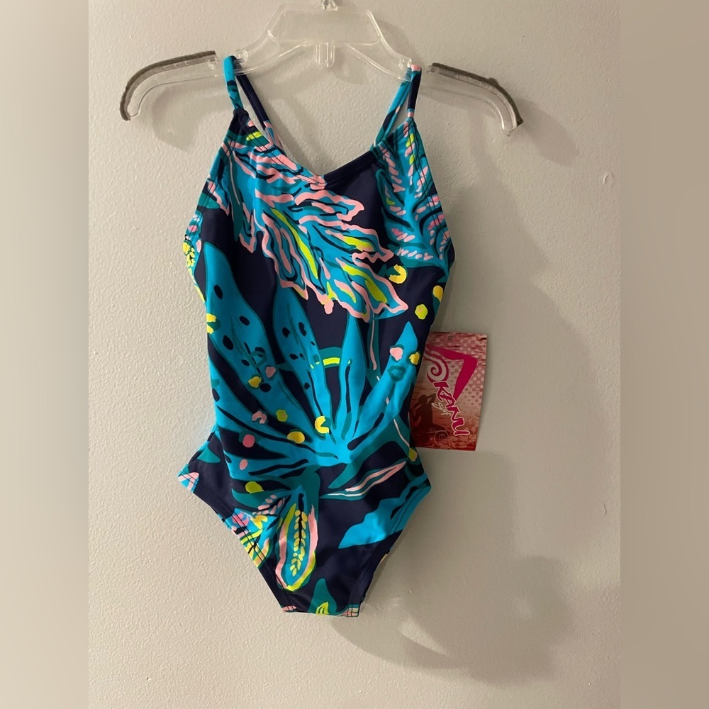 Kanu Surf Girls' Navy & Aqua Tropical Print One-Piece Swimsuit NWT size 4T